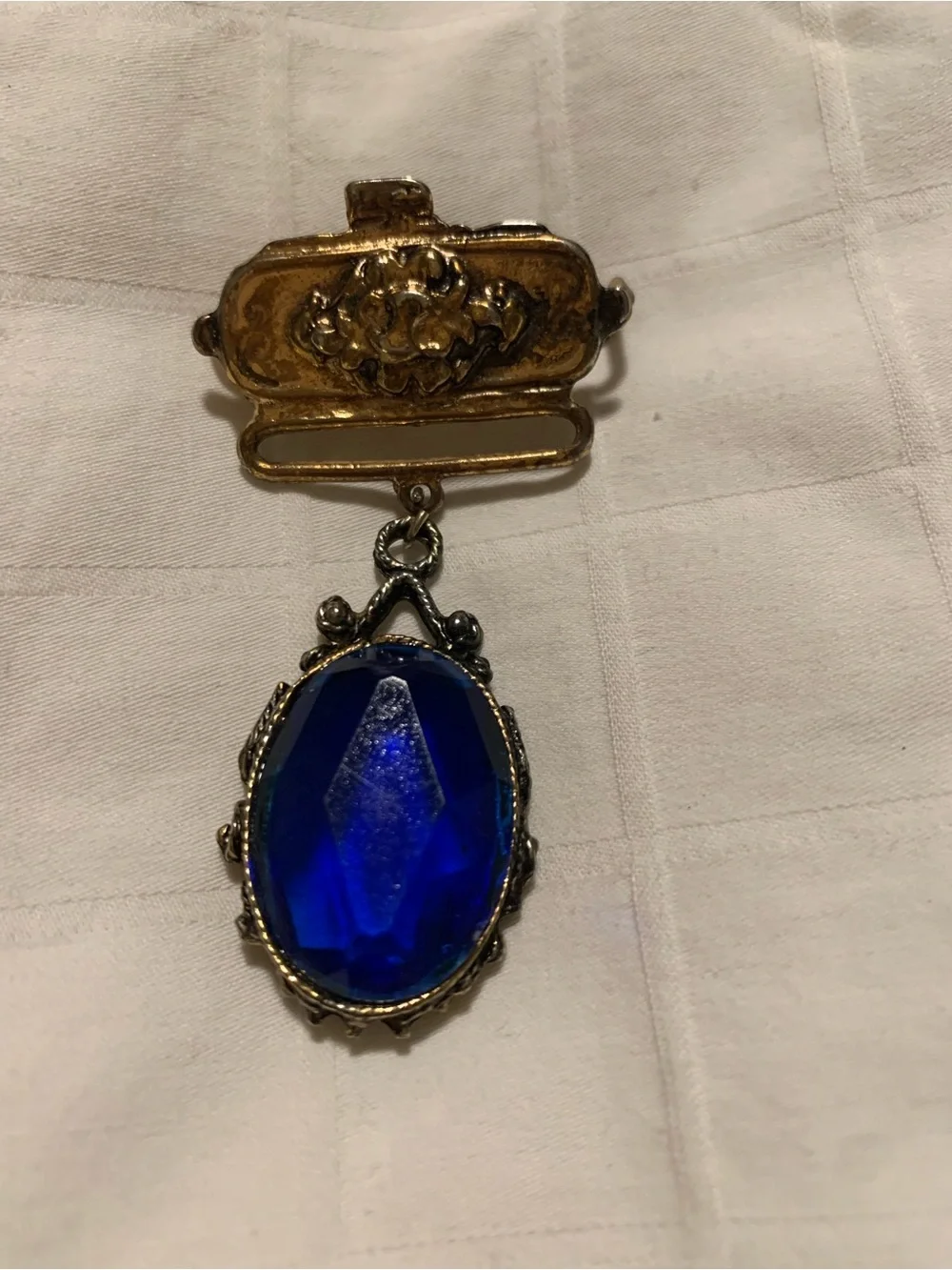 Cobalt Blue Faceted Glass Drop Brooch with Gold-Tone Accent